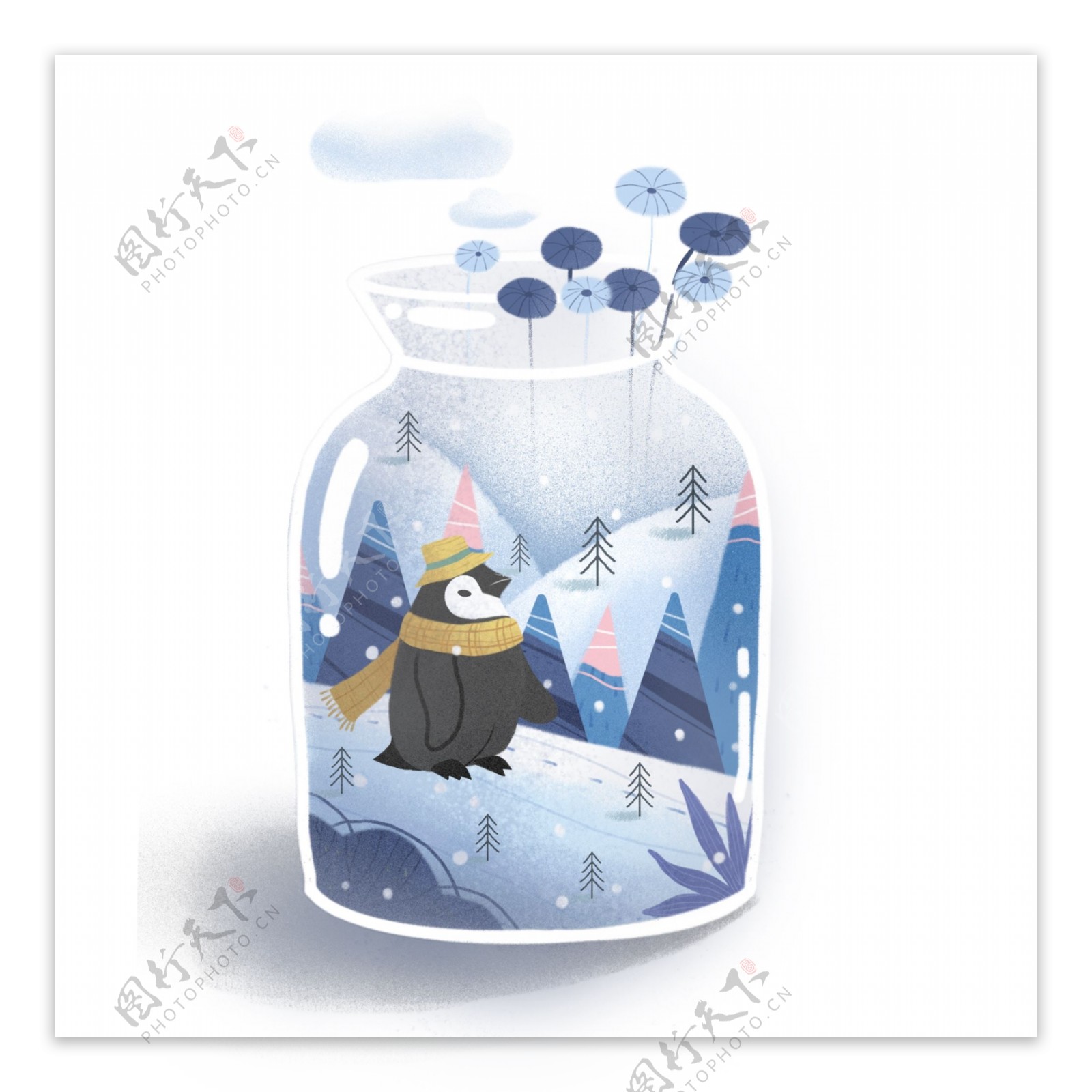 清新唯美冬日瓶子里的企鹅和雪山