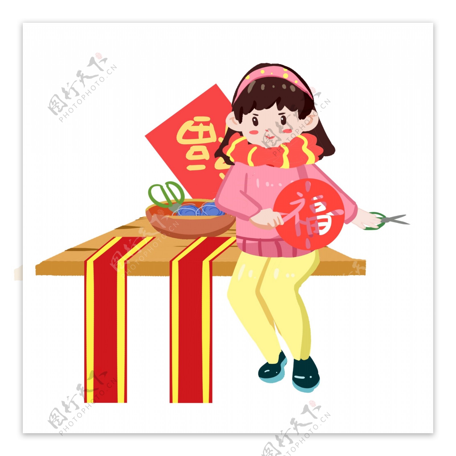 春节传统习俗贴窗花手绘插画