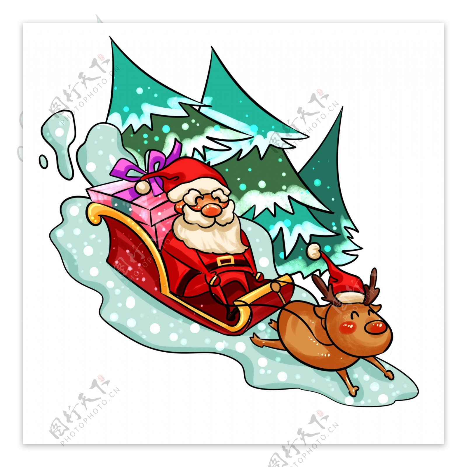 圣诞节圣诞老人送礼物雪橇车手绘插画