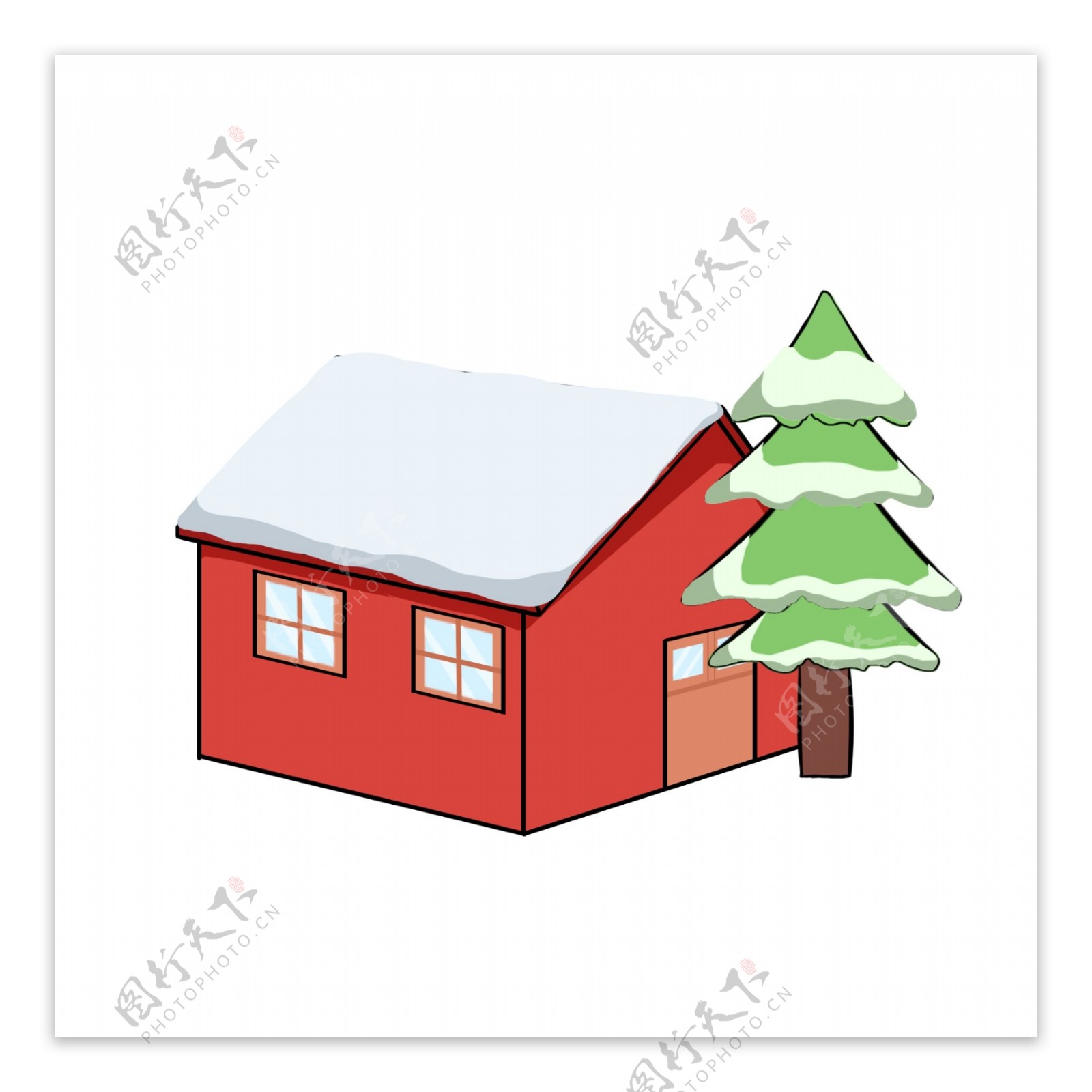 红色落雪的房子插画