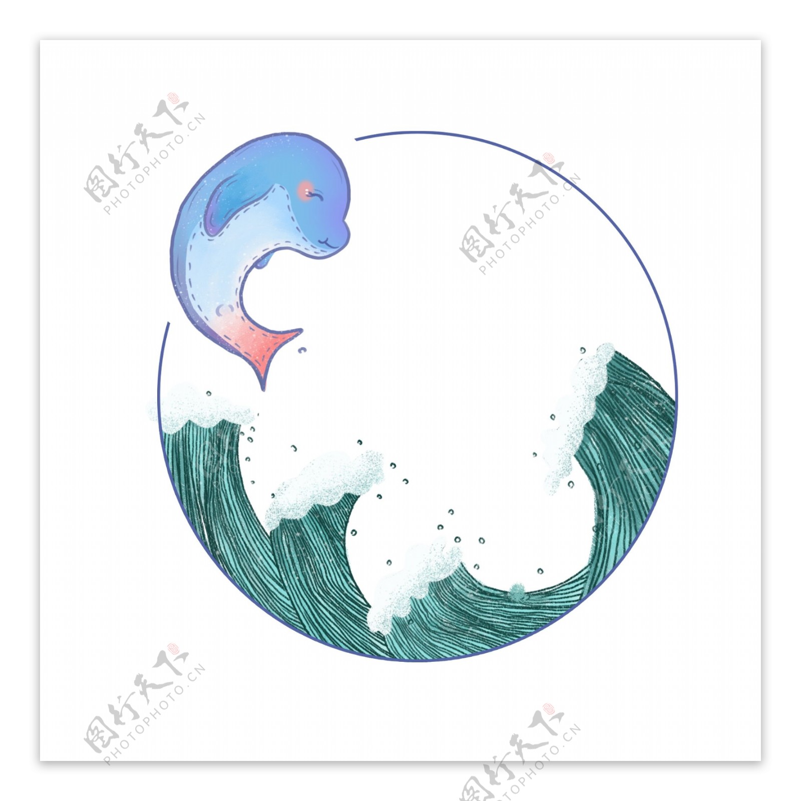 手绘卡通可爱动物边框之海豚开心气泡海浪
