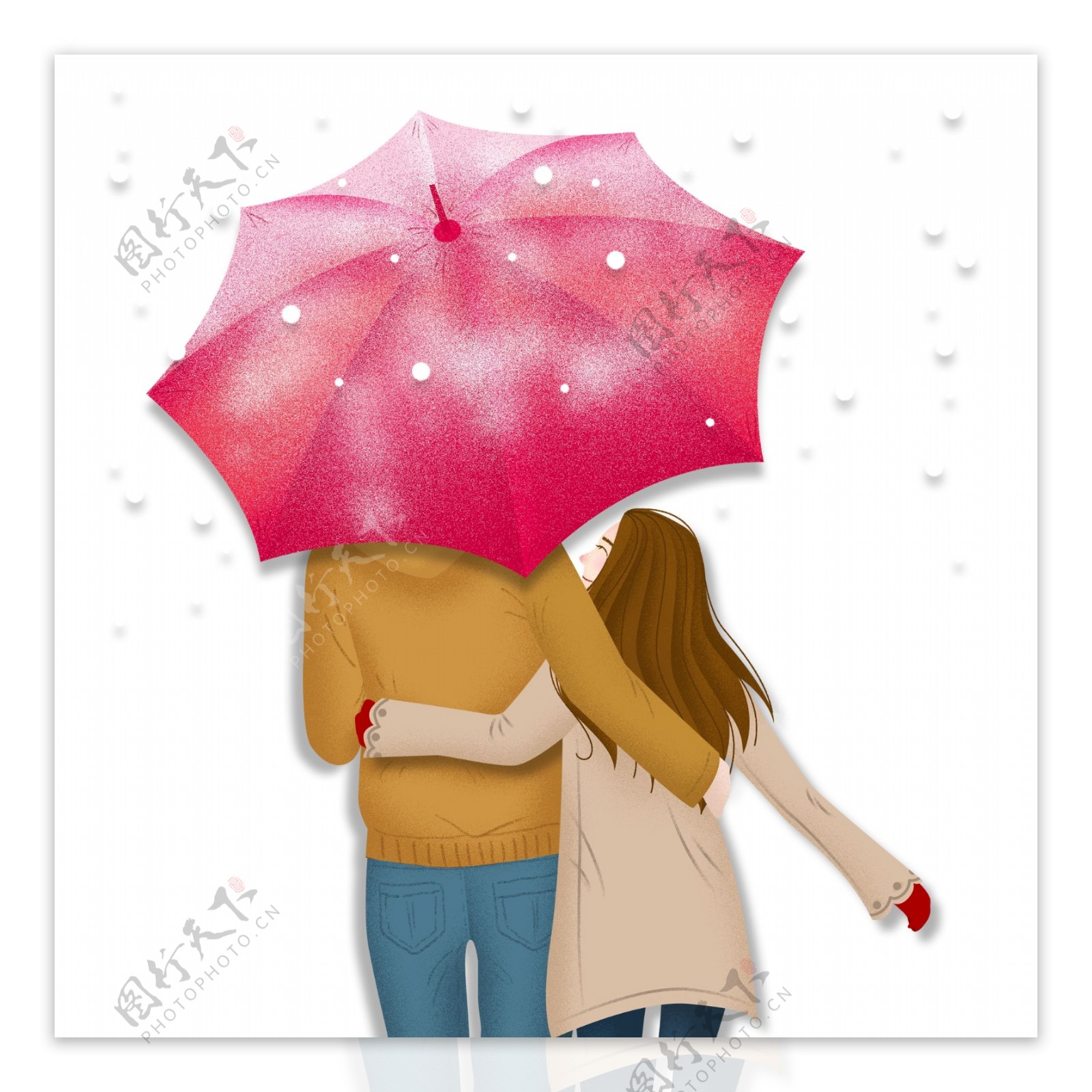 卡通小清新大雪中撑着伞的情侣