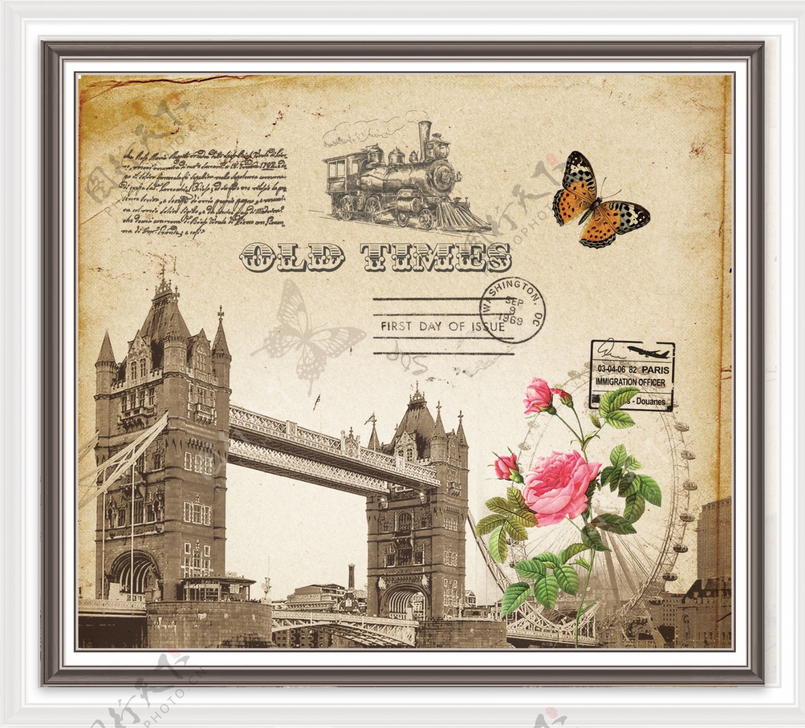 伦敦大桥花卉蝴蝶无框画
