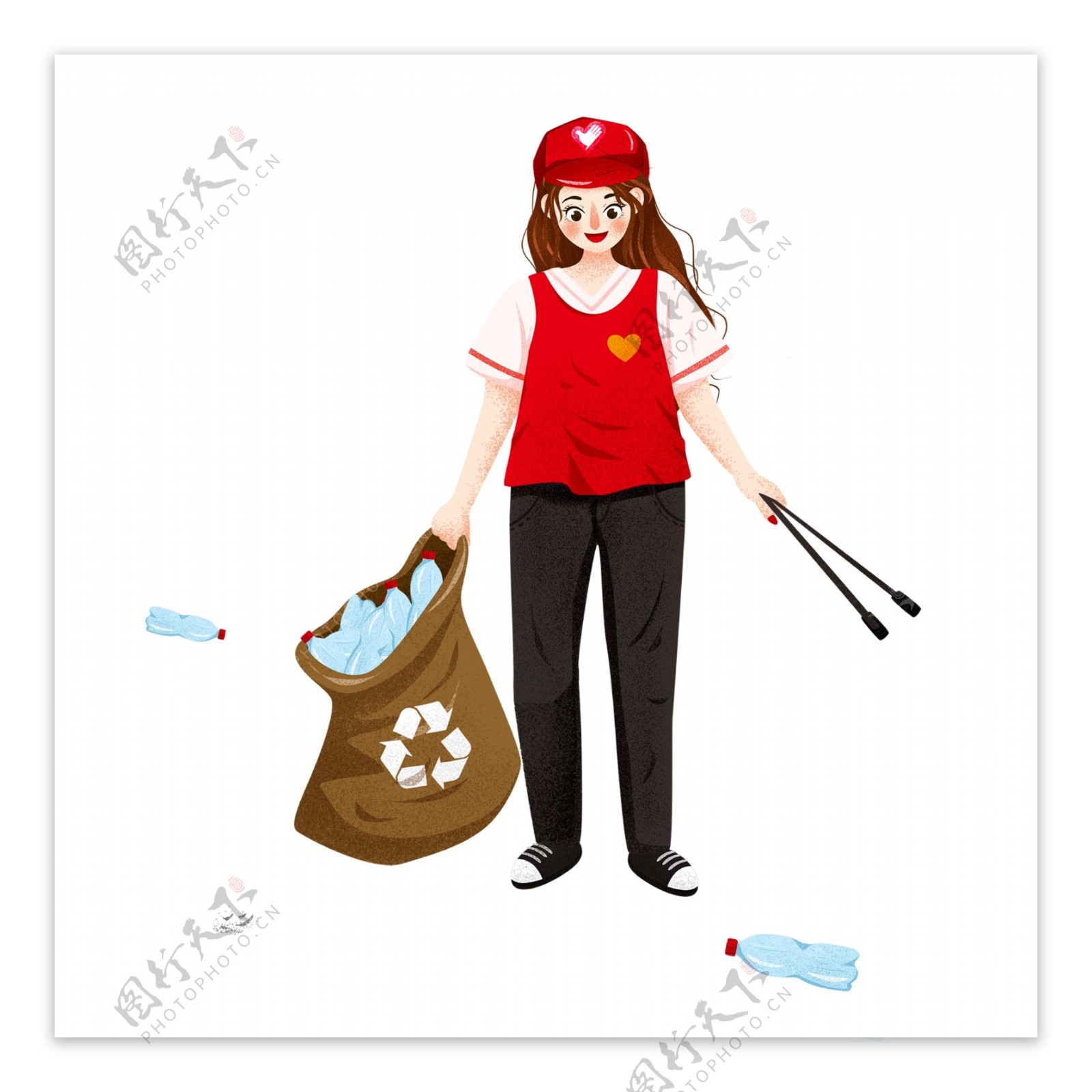 卡通开心捡垃圾的志愿者女孩人物设计