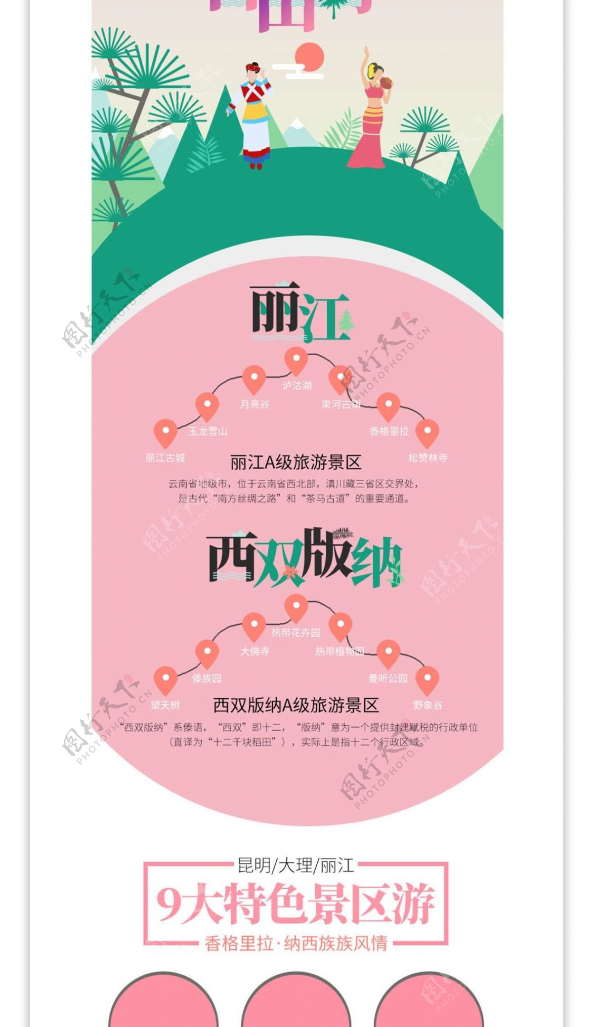 云南旅游详情页模板丽江傣族粉色绿色小清新