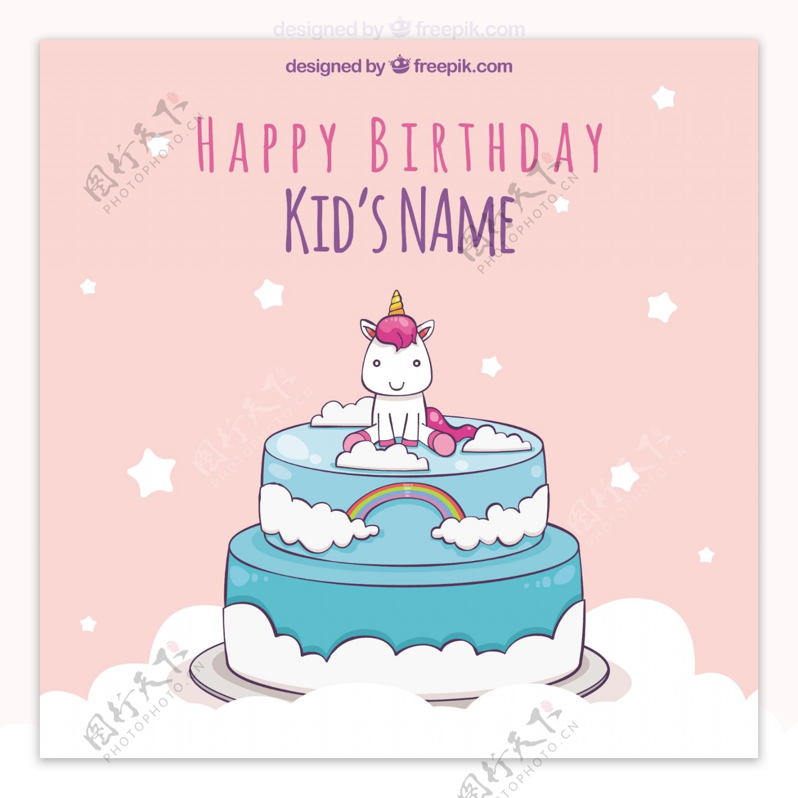 独角兽的生日背景在蛋糕的顶部