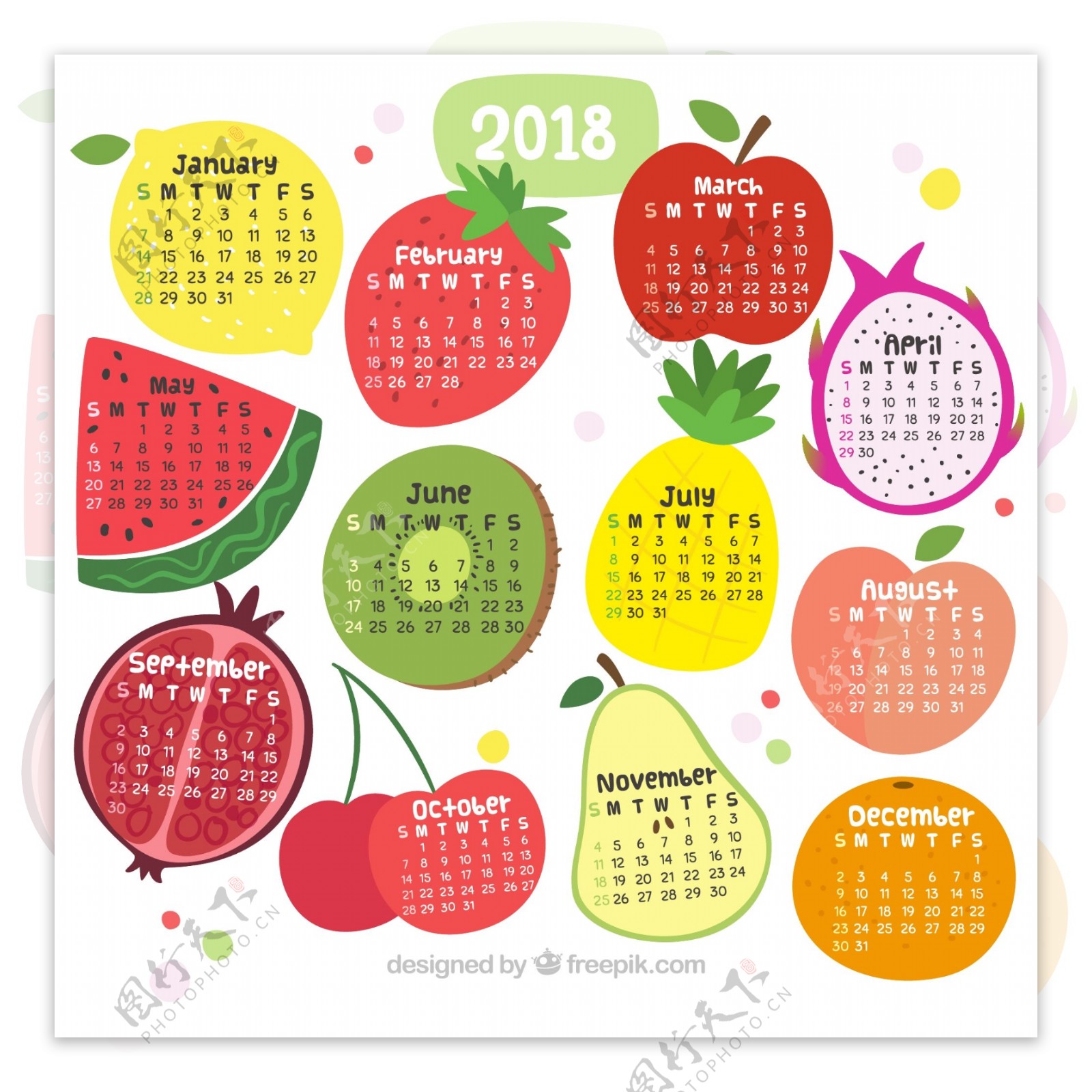 2018年可爱水果年历矢量素材