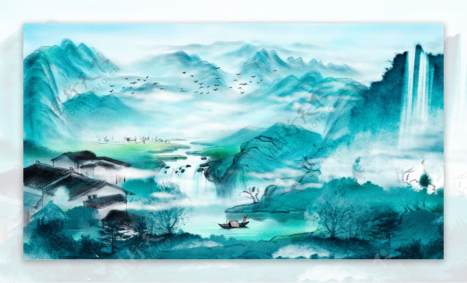 唯美中国复古水墨画风景画中国水彩画插画
