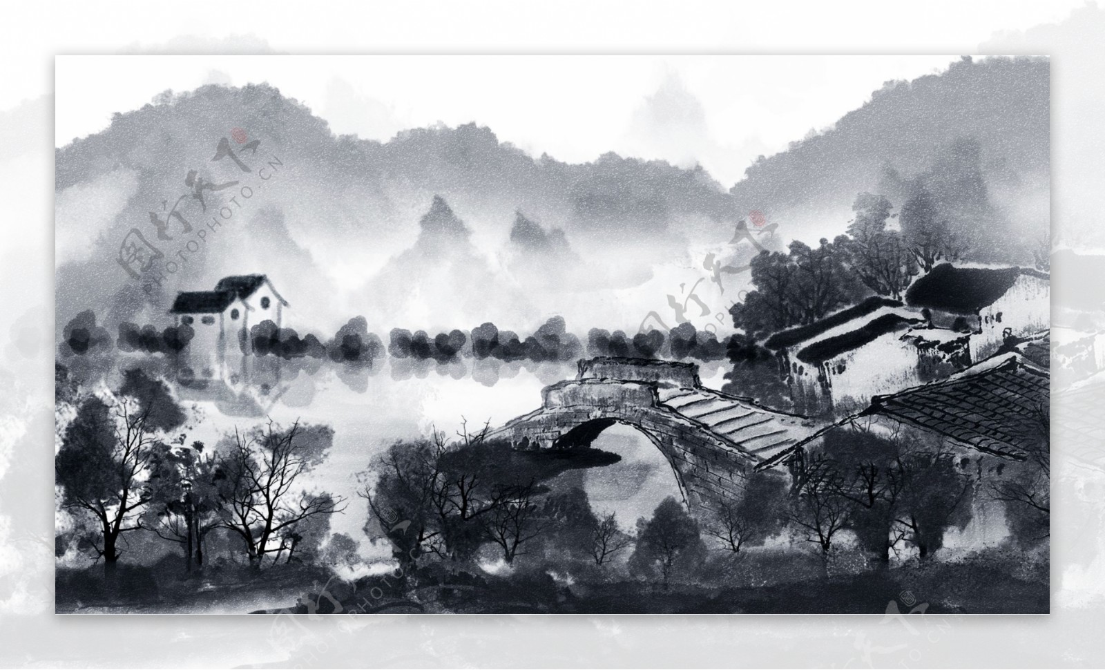 中国复古水墨画风景画中国水墨水彩唯美插画