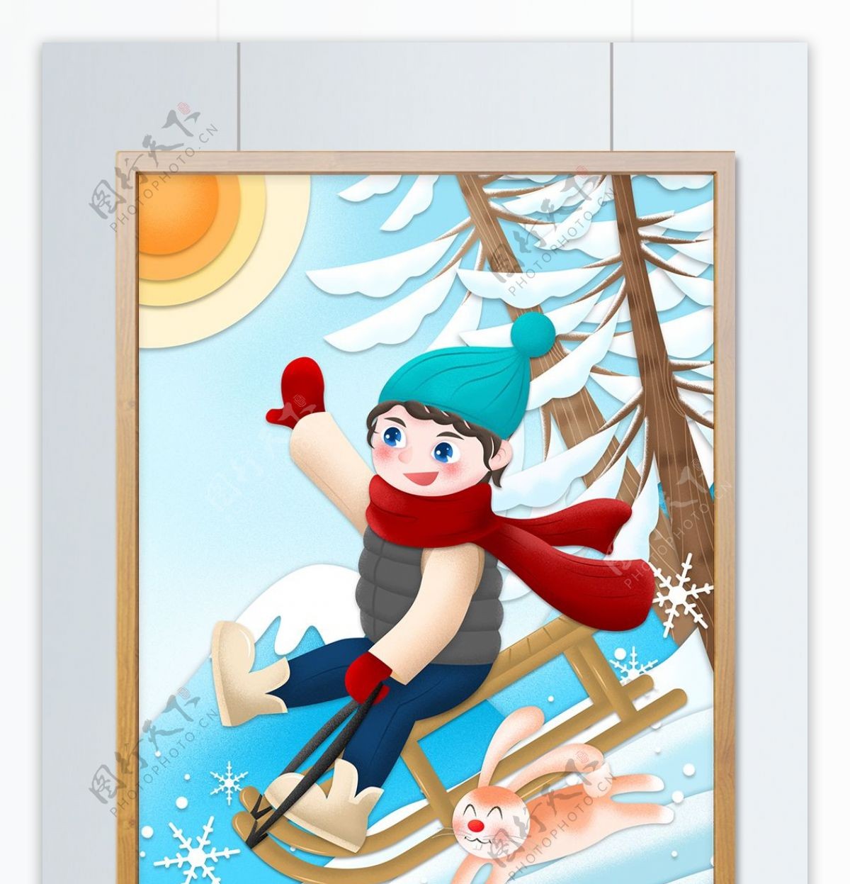节气大雪冬日男孩滑雪剪纸风插画