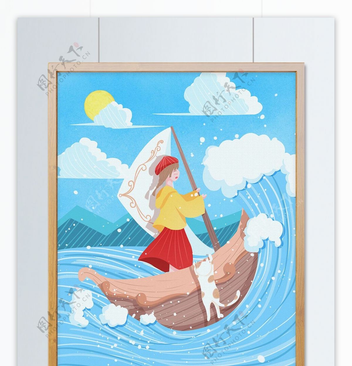 海洋探险肌理写实插画乘船遇到大浪的女孩