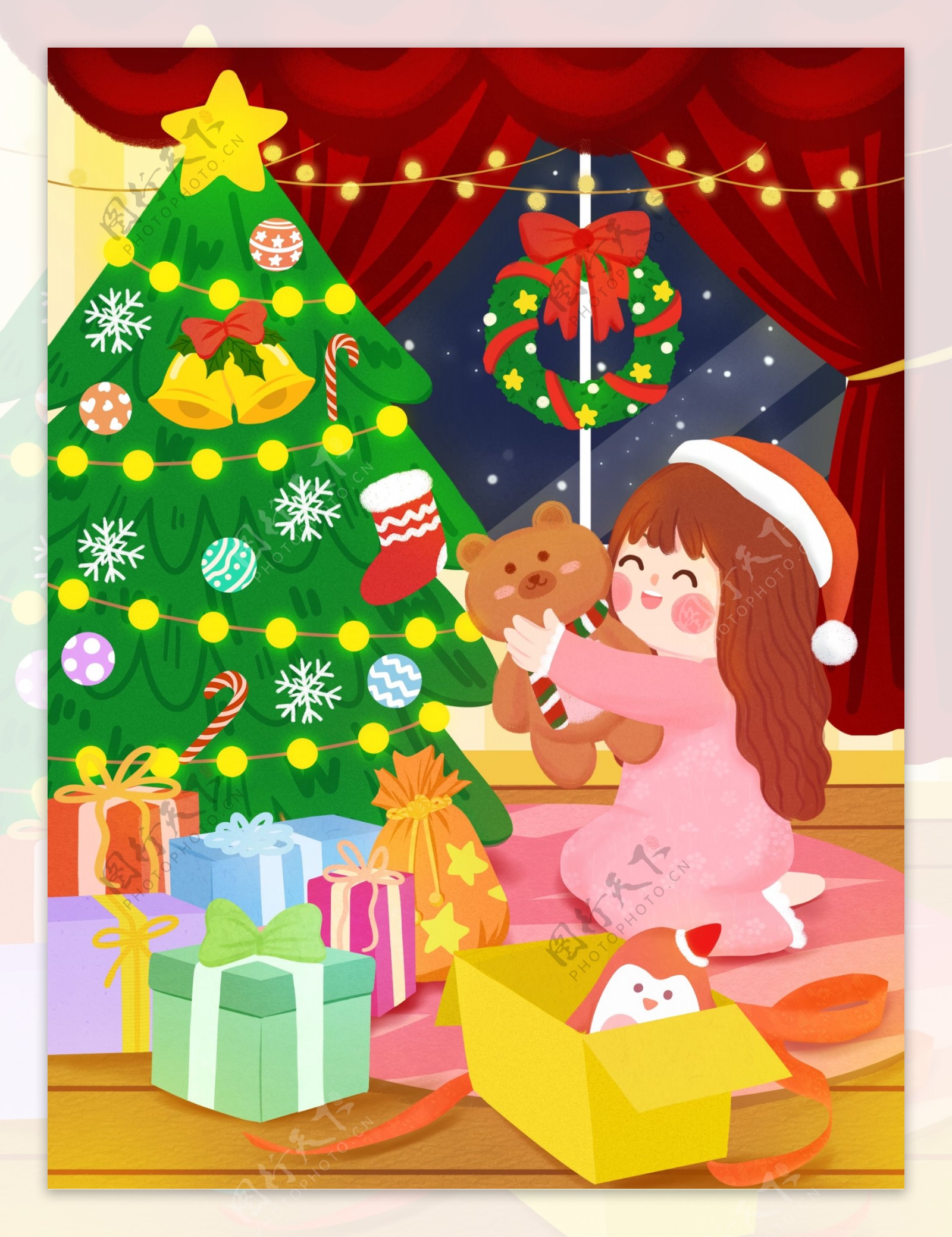 圣诞节平安夜可爱孩子拆礼物童趣手绘插画