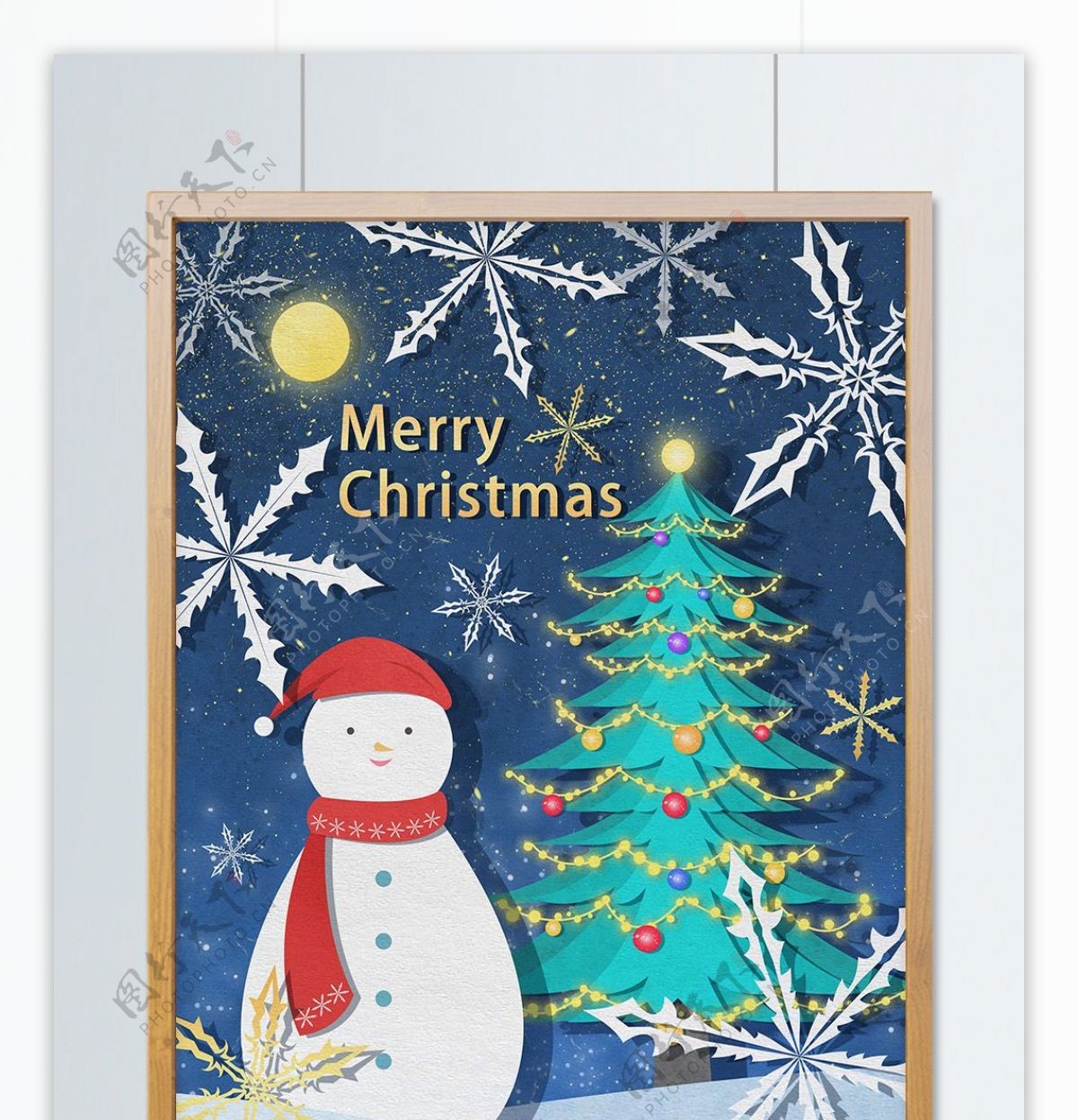 圣诞节剪纸风插画星空下的圣诞树和雪人