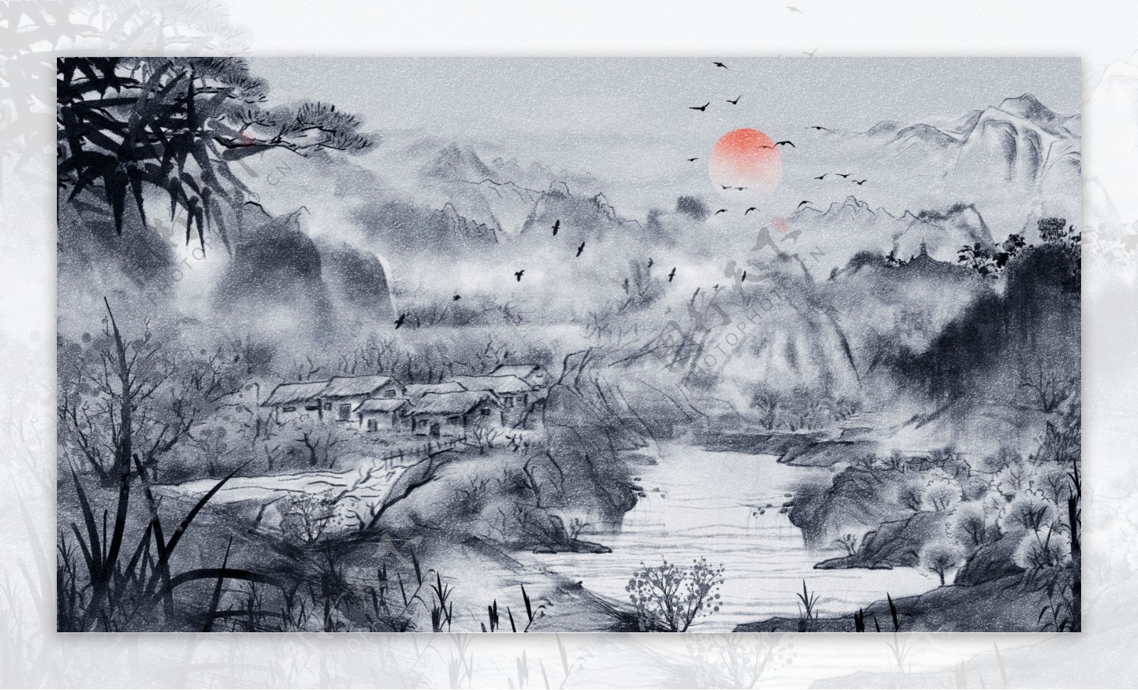 复古中国风水墨画风景画唯美中国水墨插画