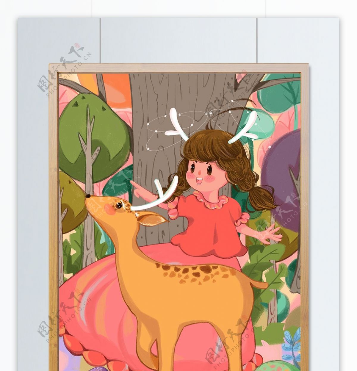 林深时见鹿治愈系烂漫女孩与鹿玩耍温馨插画