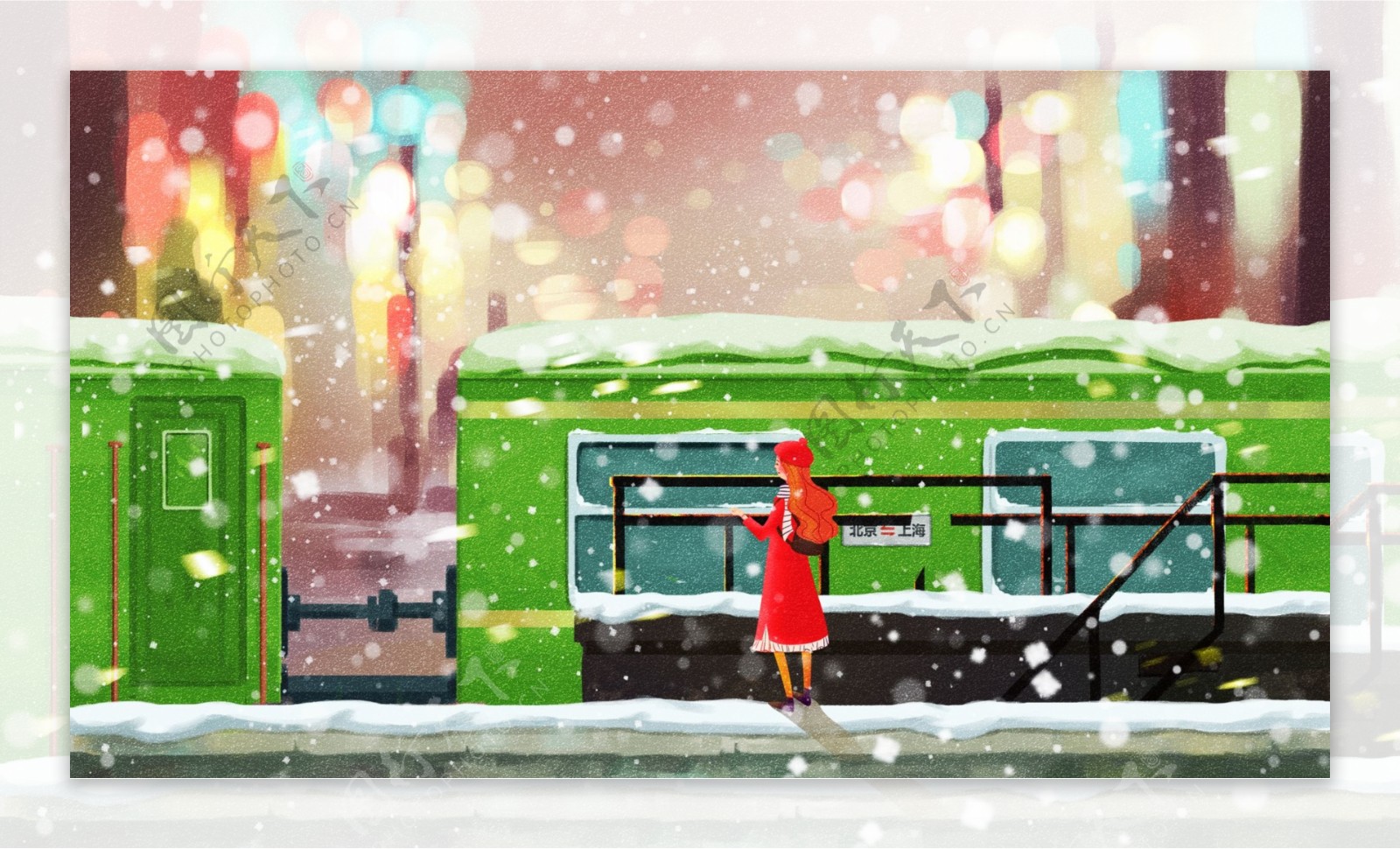 唯美冬天你好女孩搭火车浪漫雪景原创插画