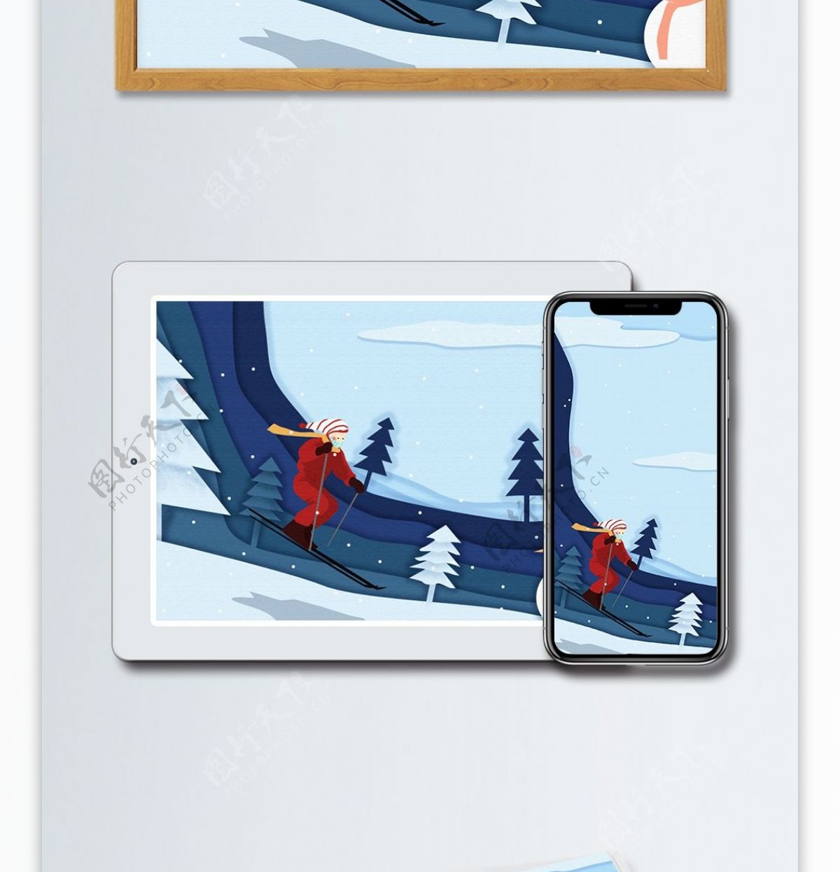 滑雪场景剪纸风原创插画