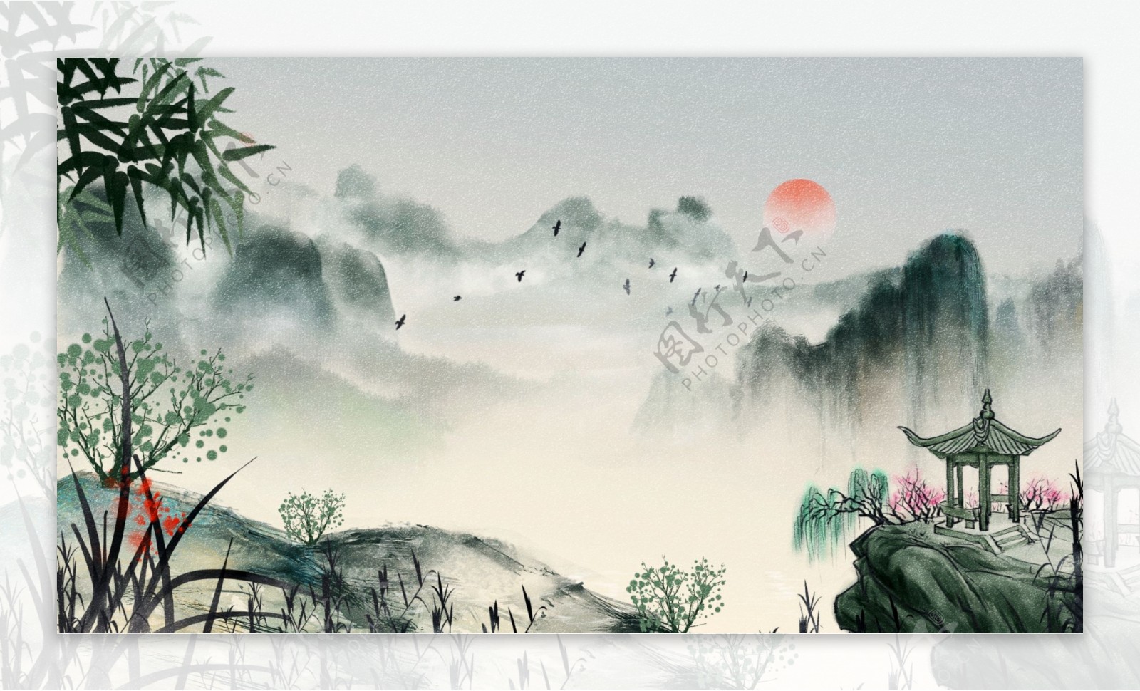 古风中国水墨画风景画唯美中国水墨插画