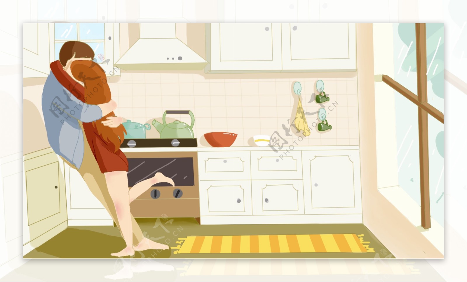 情侣拥抱在温馨厨房插画