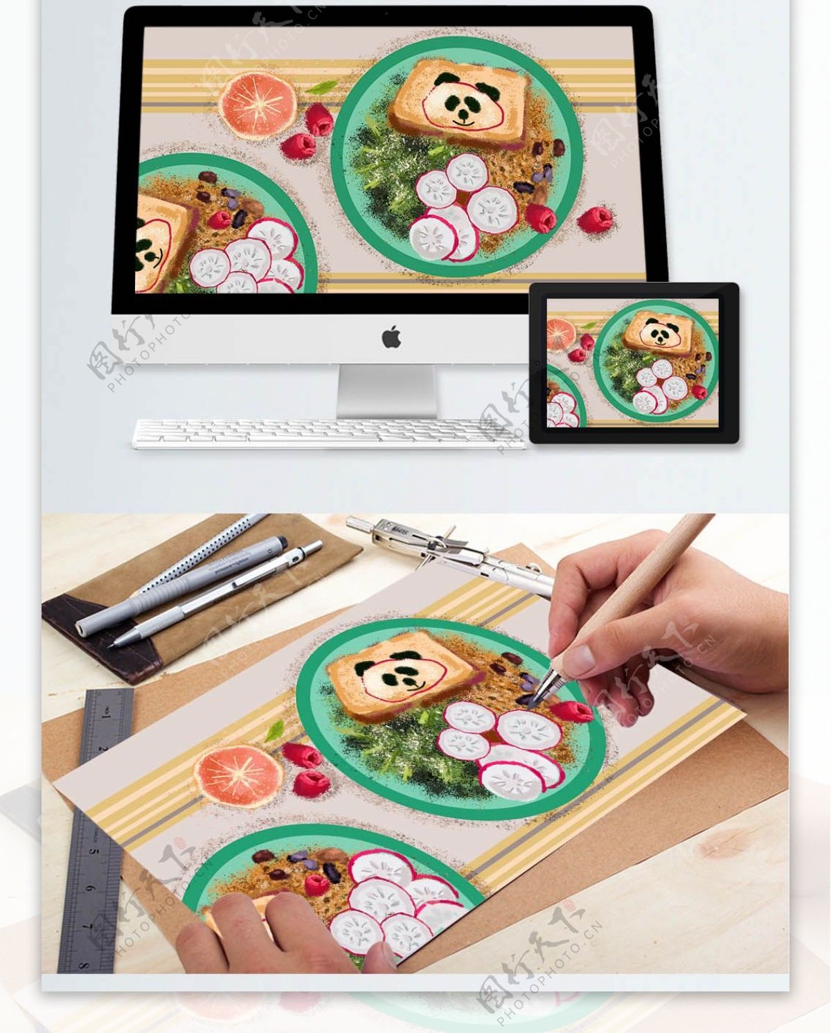 小清新蔬菜沙拉熊猫吐司草莓橙子插画