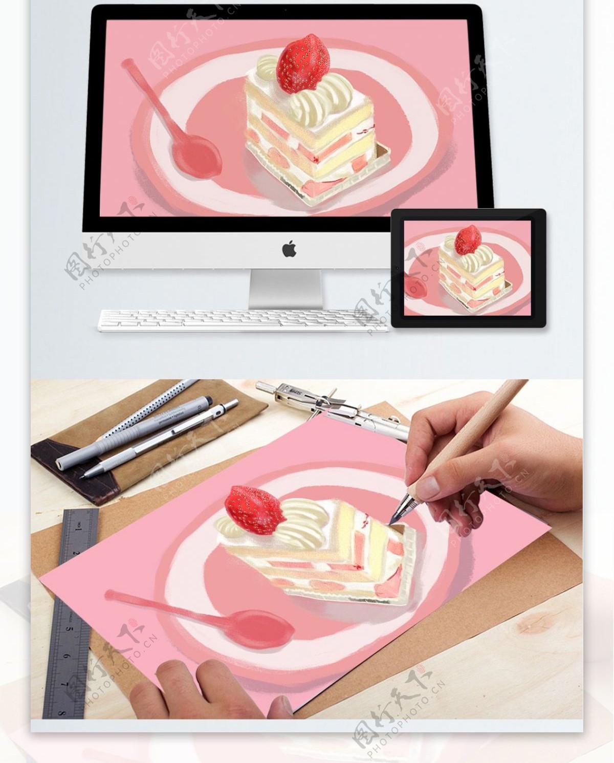 甜品草莓奶油蛋糕原创插画