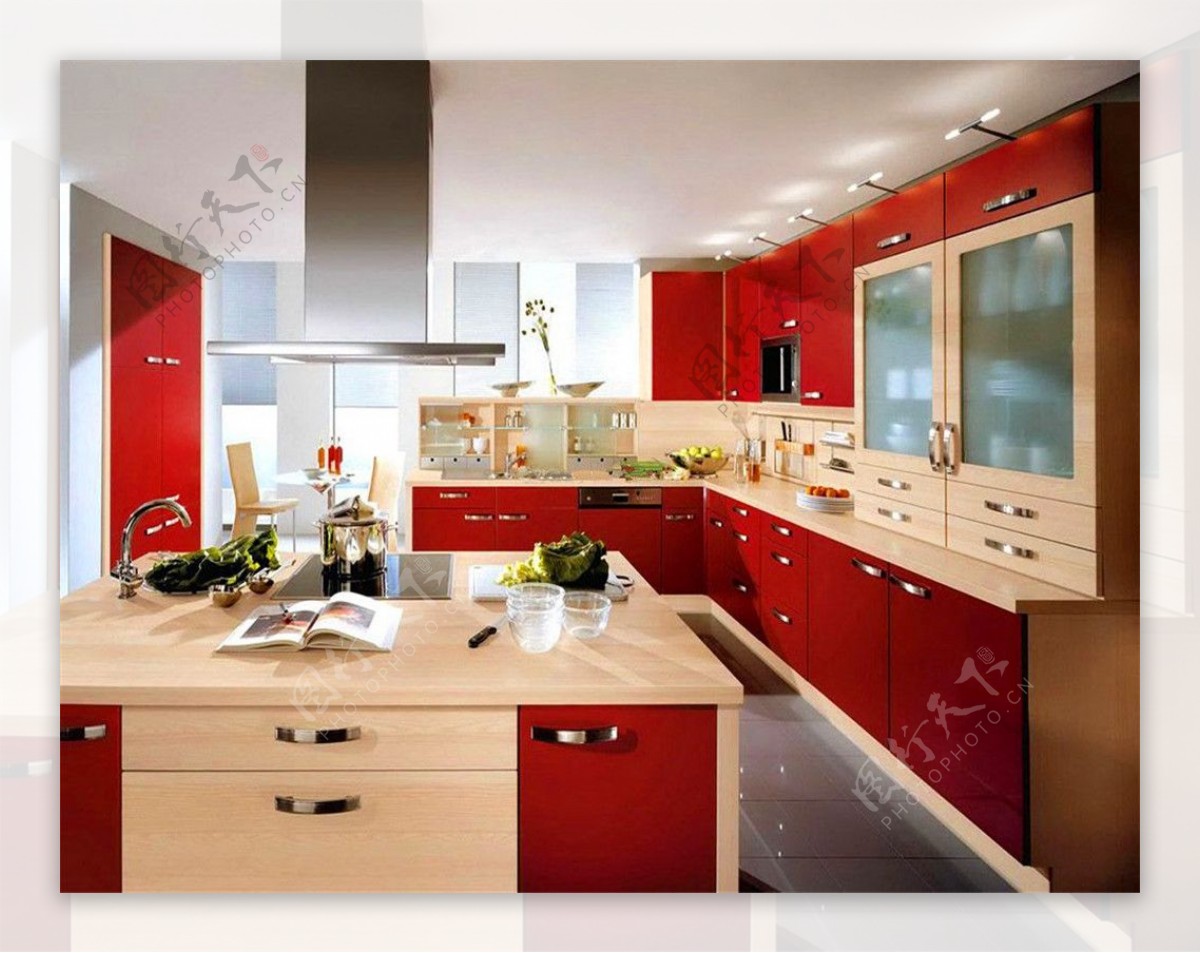 现代别墅厨房红色橱柜装修设计效果图