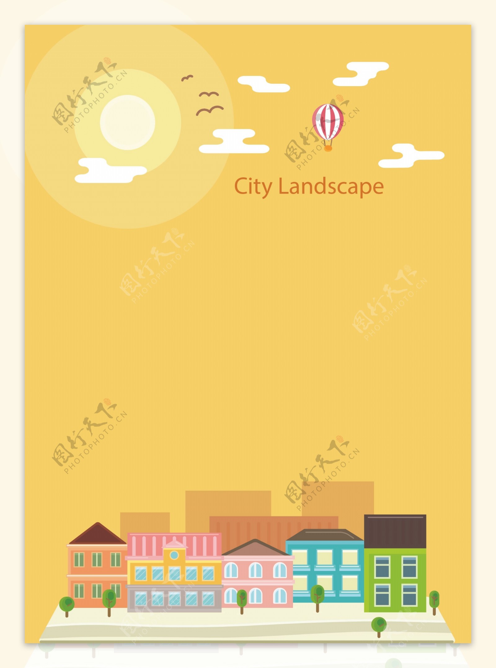 黄色城市生活热气球海报背景素材