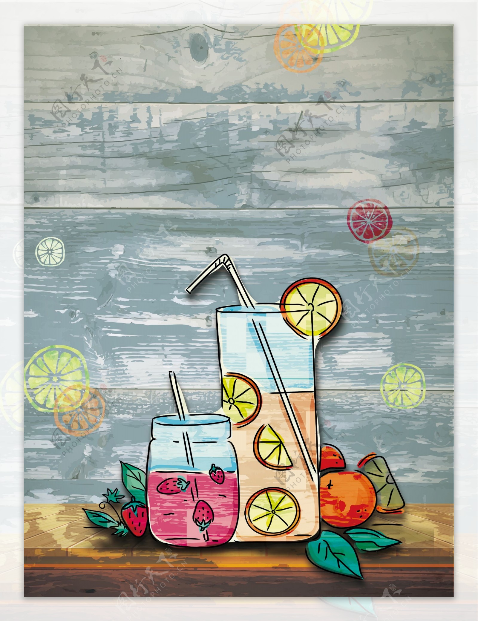 手绘水彩果汁饮料背景图