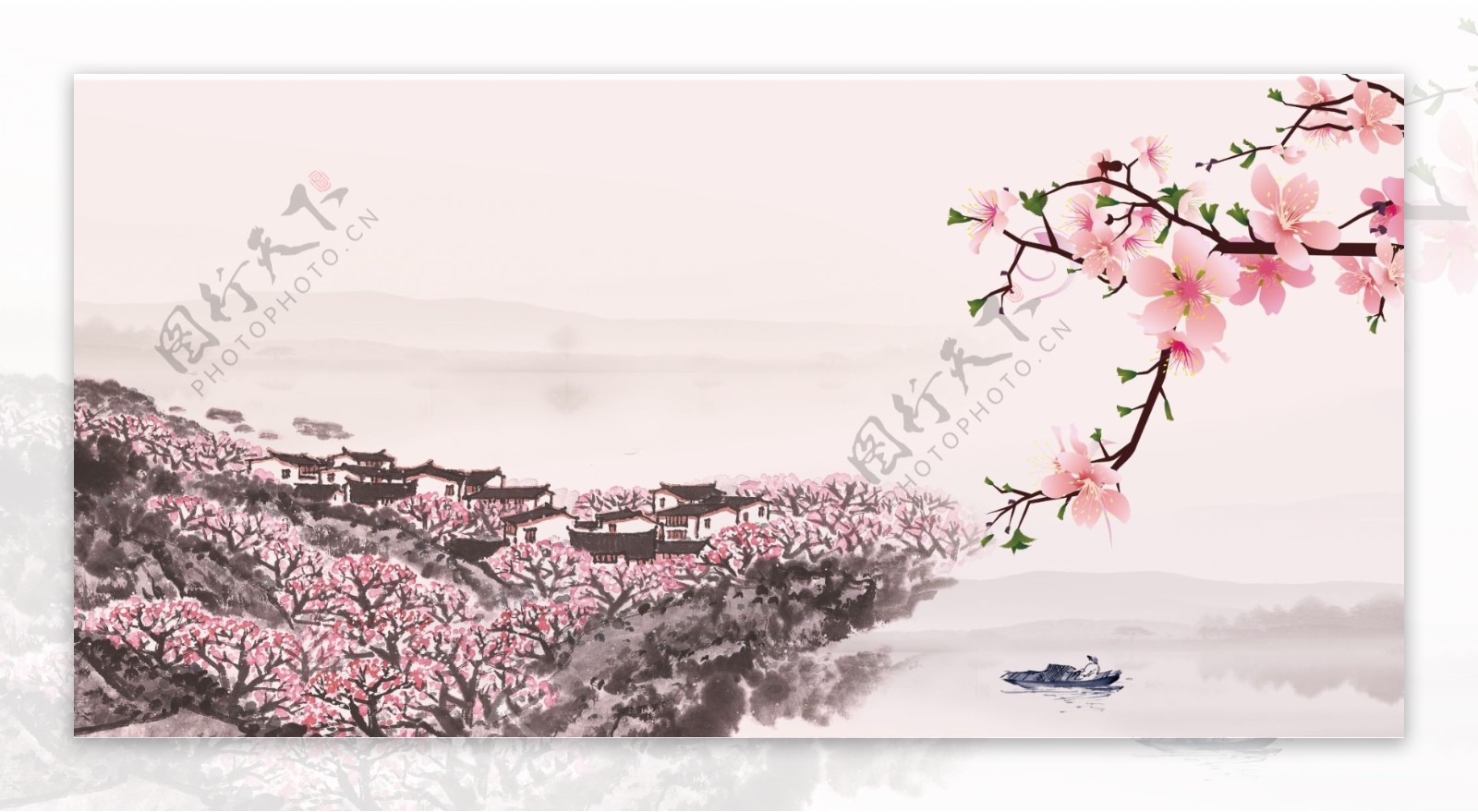 粉色彩绘中国风桃花背景设计