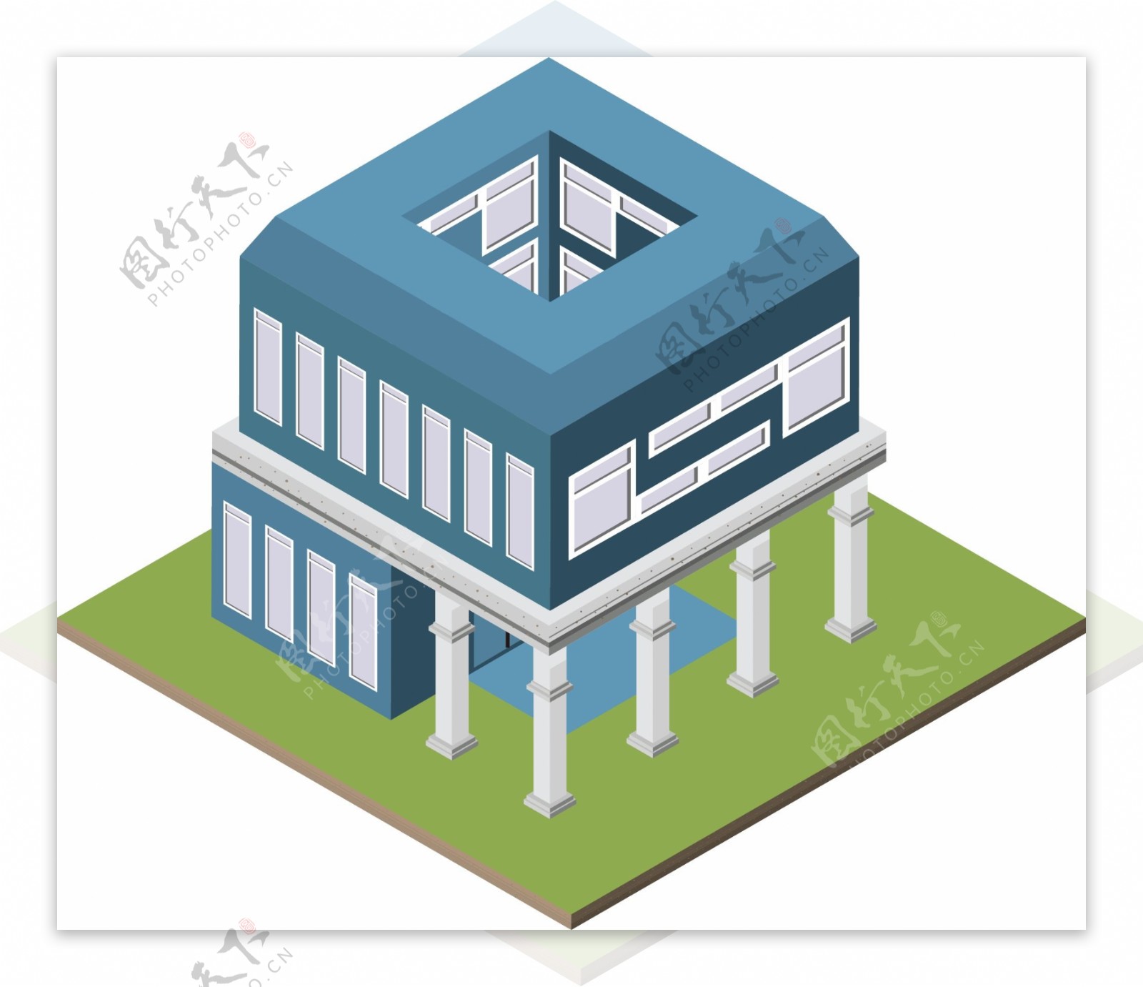 2.5D蓝色平顶房屋建筑AI素材可商用