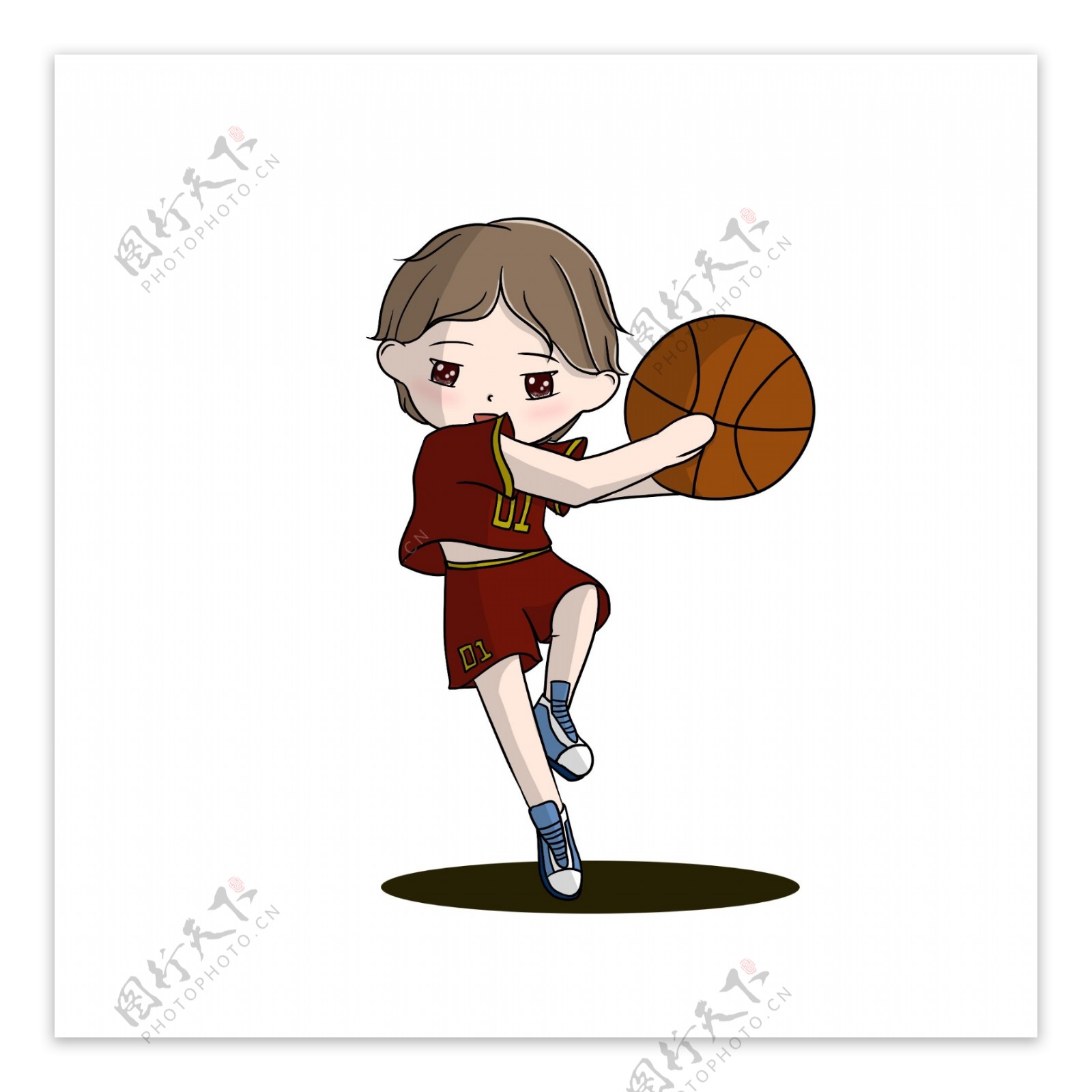 原创手绘Q版人物抱着篮球元素