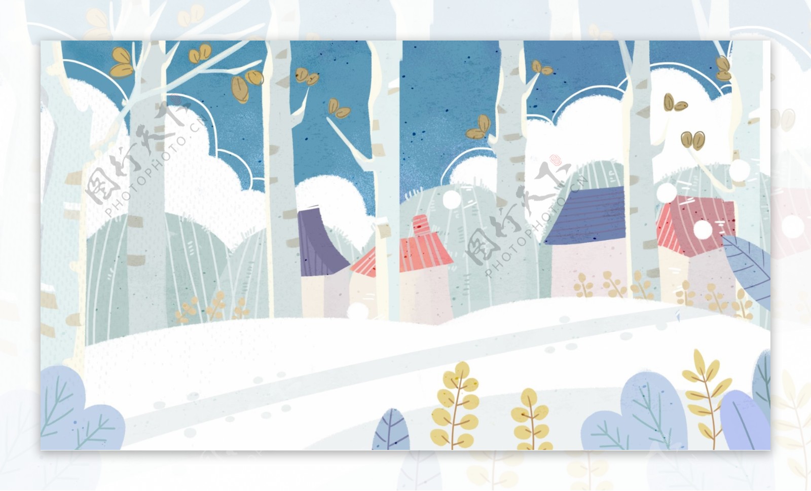 手绘蓝天下的树林雪屋背景素材
