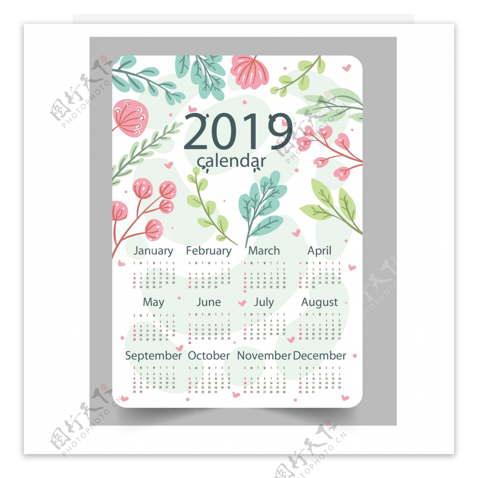 2019年彩绘花卉和树叶年历
