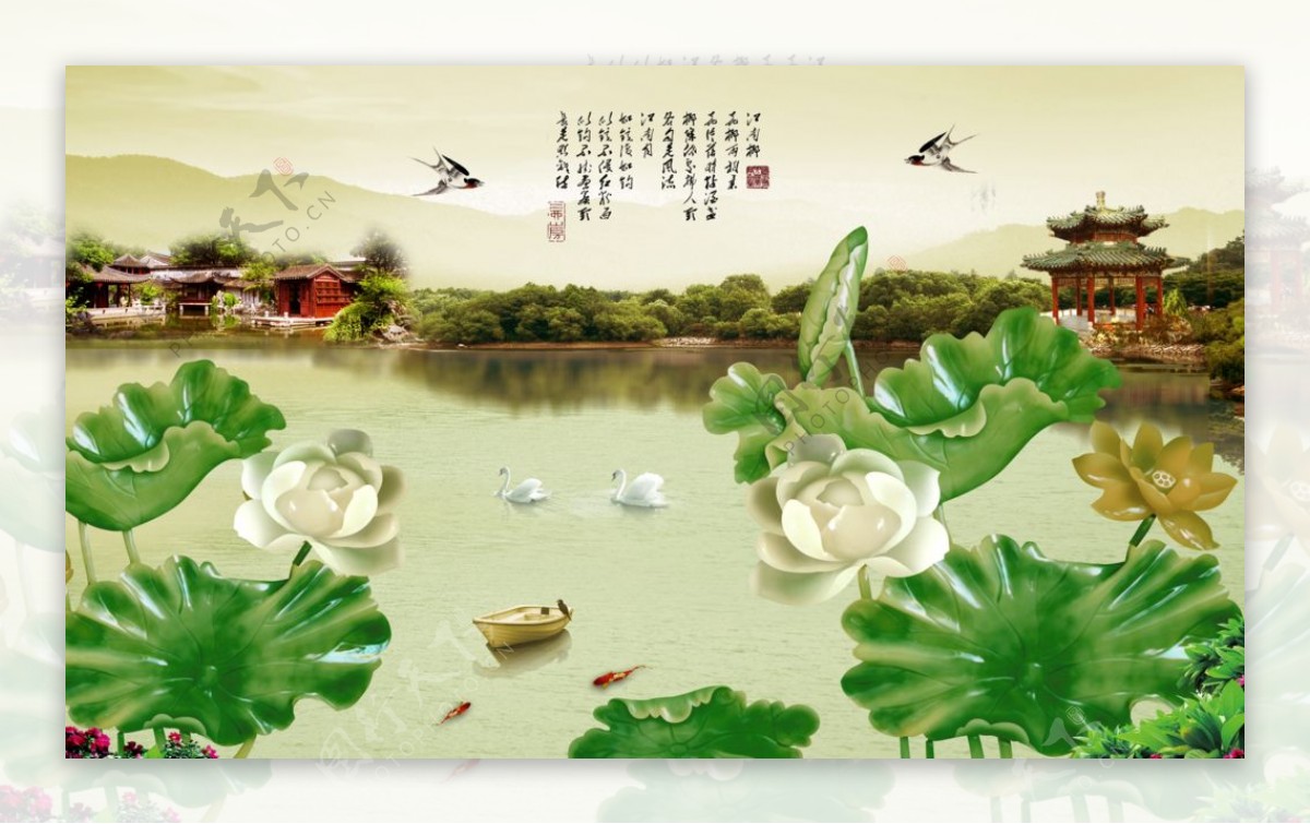 中式传统荷叶荷花画