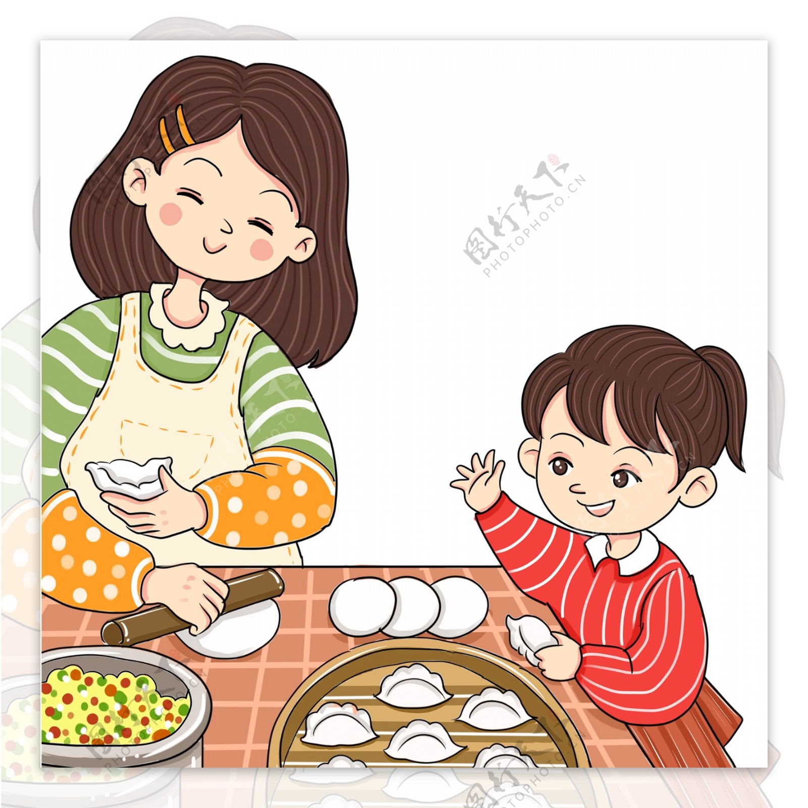 彩绘过年包饺子的母女俩人物插画