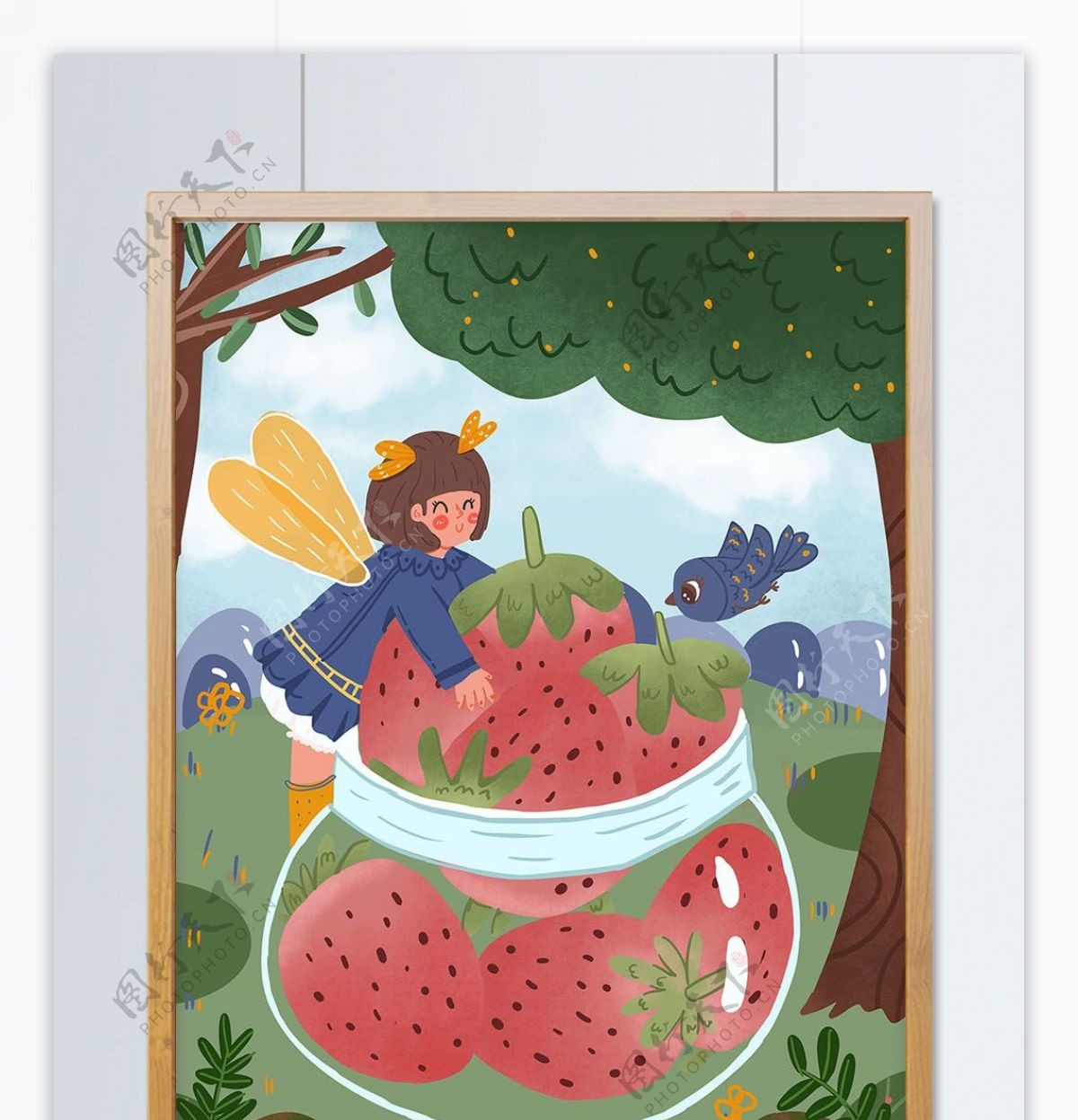 创意水果之精灵与草莓卡通可爱手绘插画