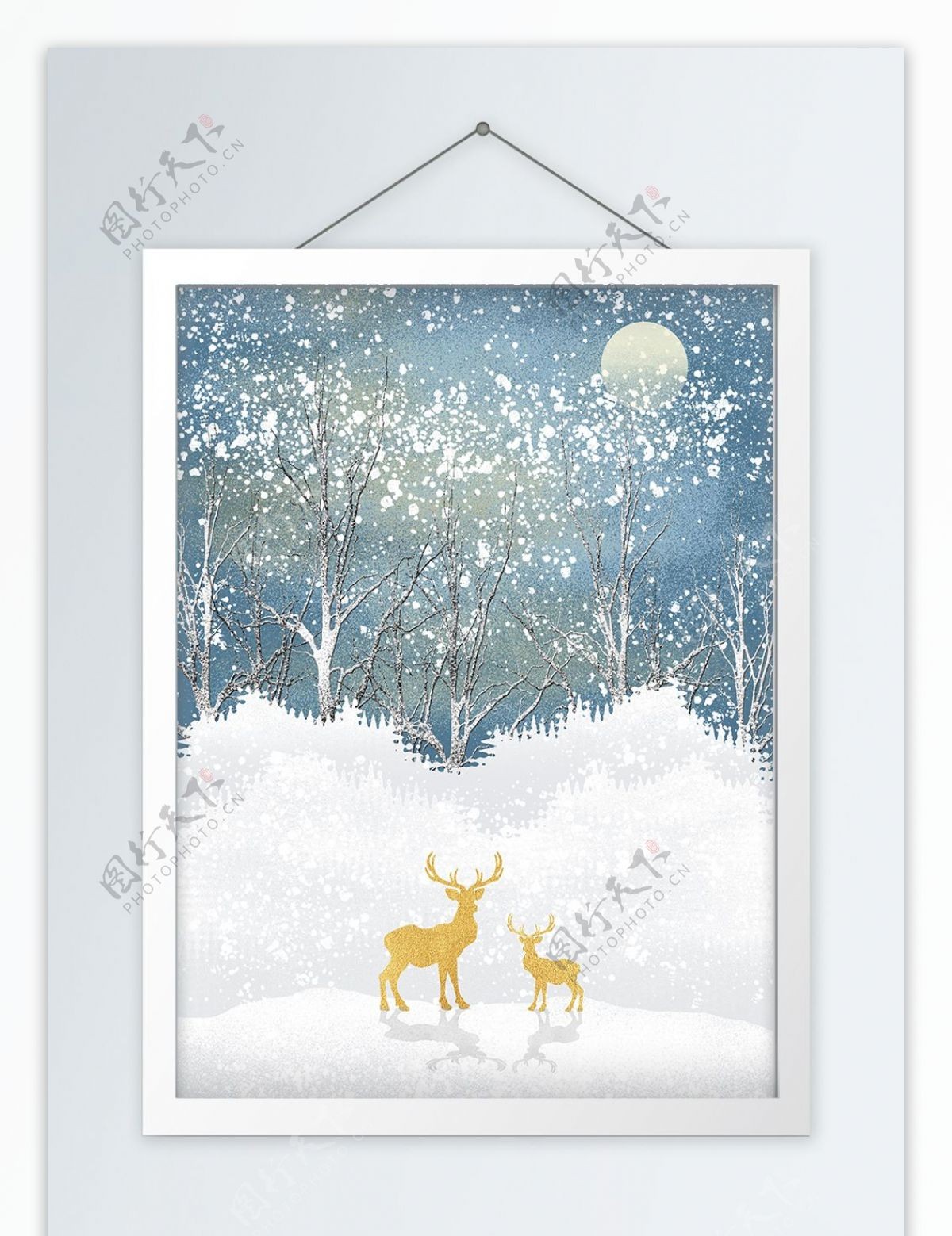 浪漫夜晚丛林飘雪对鹿装饰画
