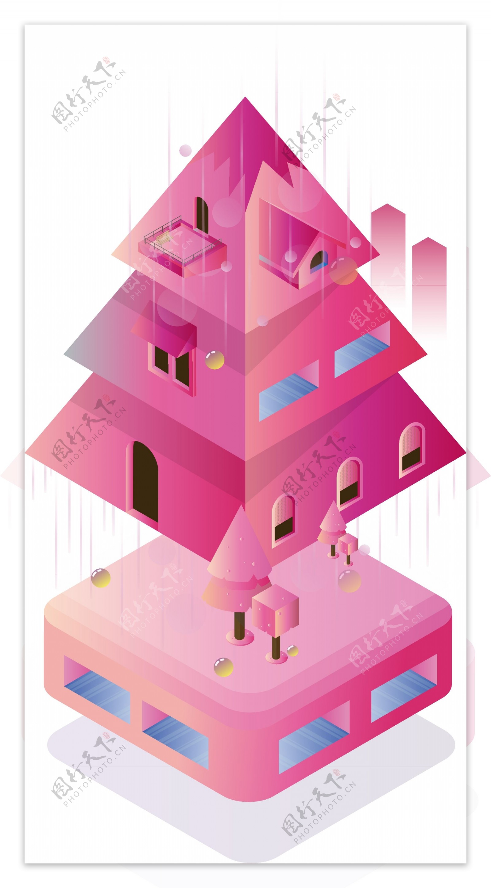树屋原创2.5D粉红色渐变科技感卡通房子