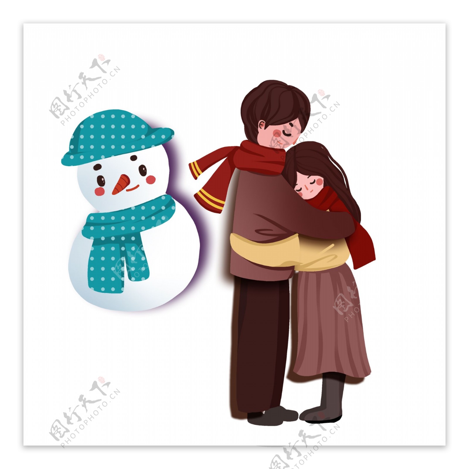 卡通拥抱情侣雪人元素设计