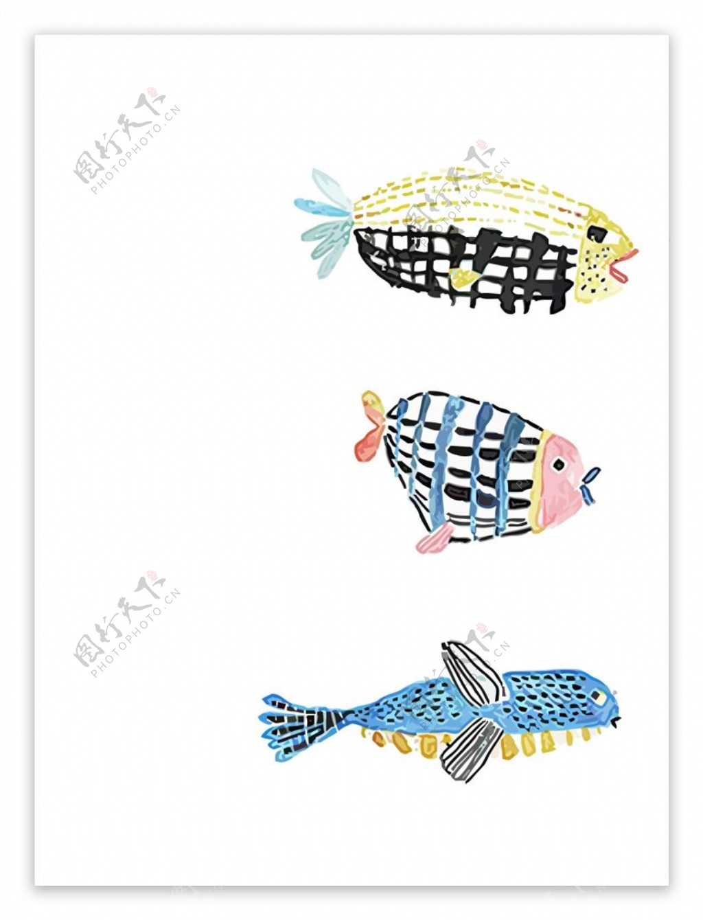 手绘彩绘三条鱼类装饰画