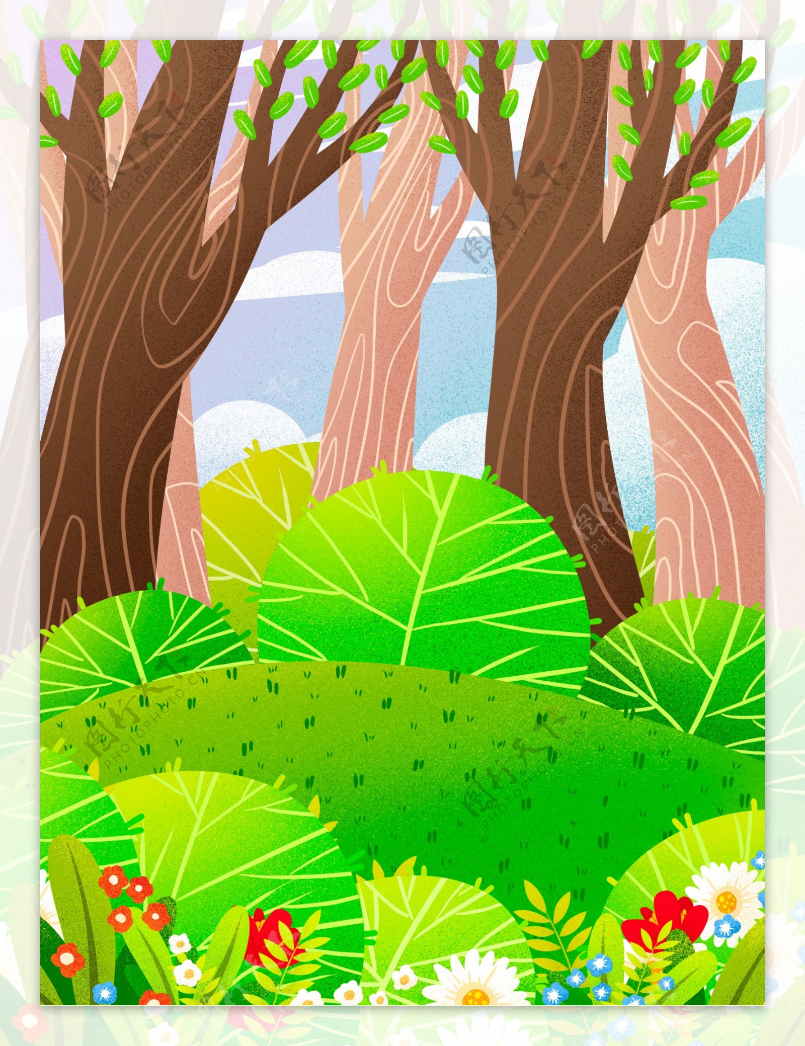 手绘春季树林草丛背景设计