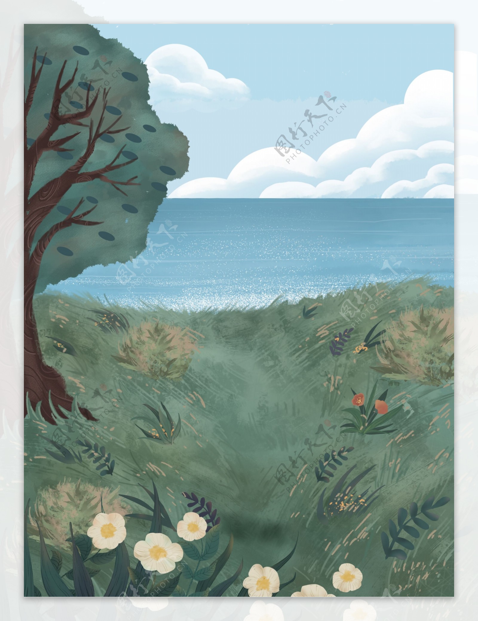彩绘春季草地海洋背景设计