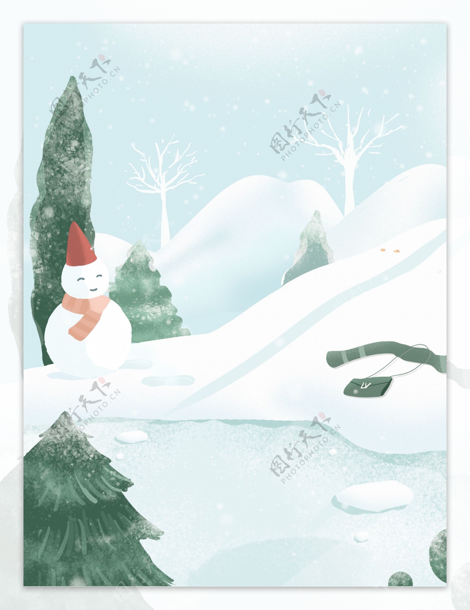 手绘冬季雪地雪人背景设计