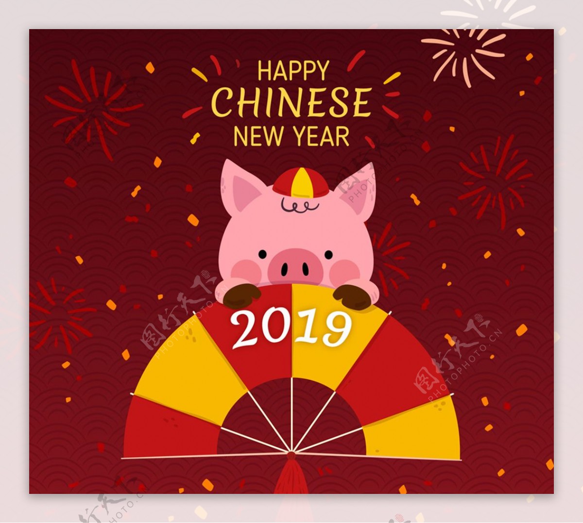 2019年可爱春节猪和扇子