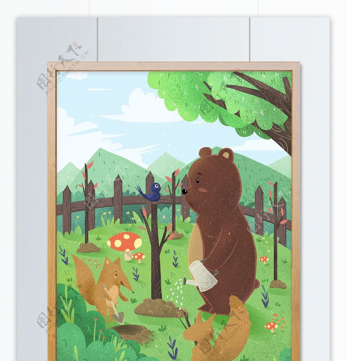 植树节可爱小熊与小狐狸种树插画