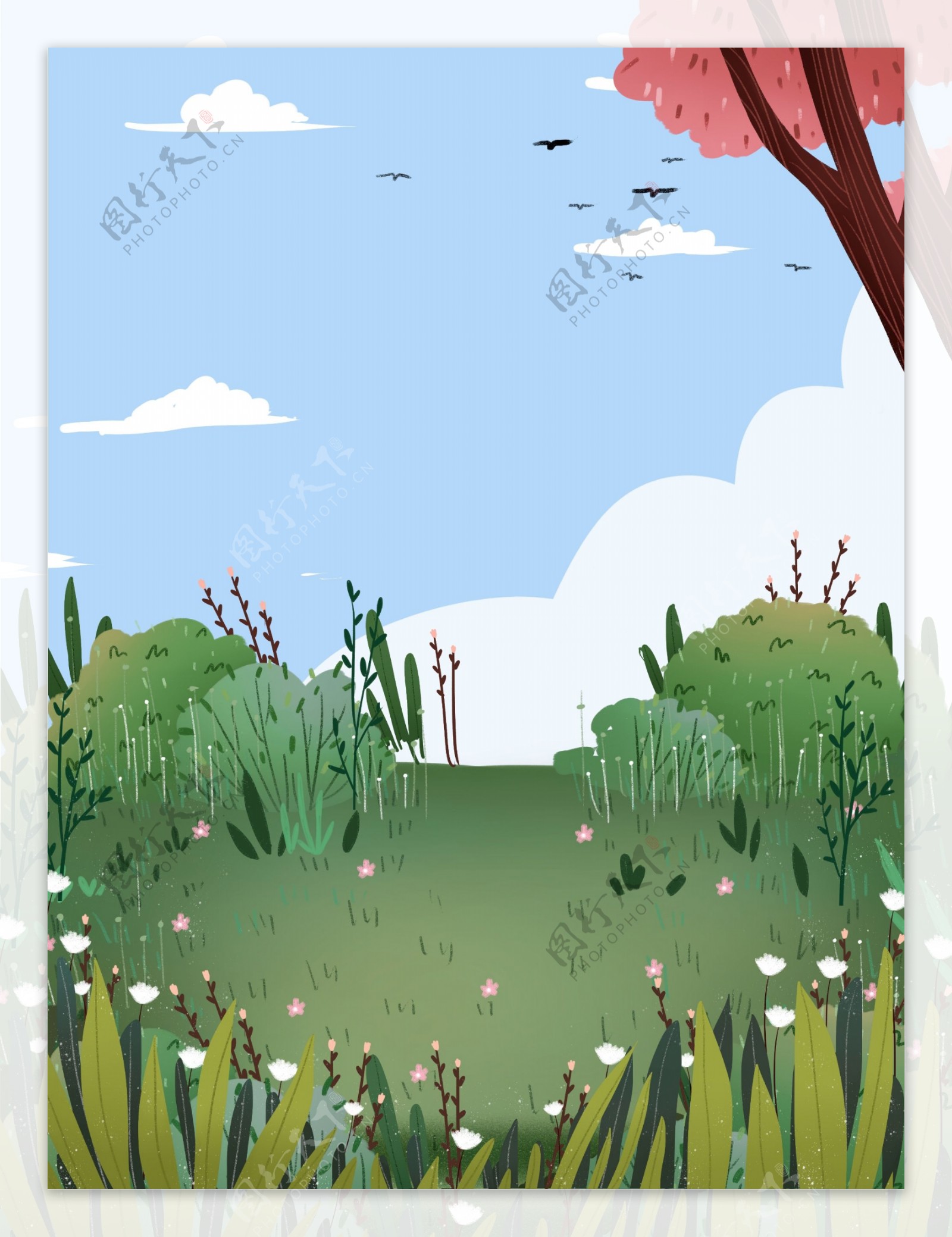 手绘春季草丛背景设计