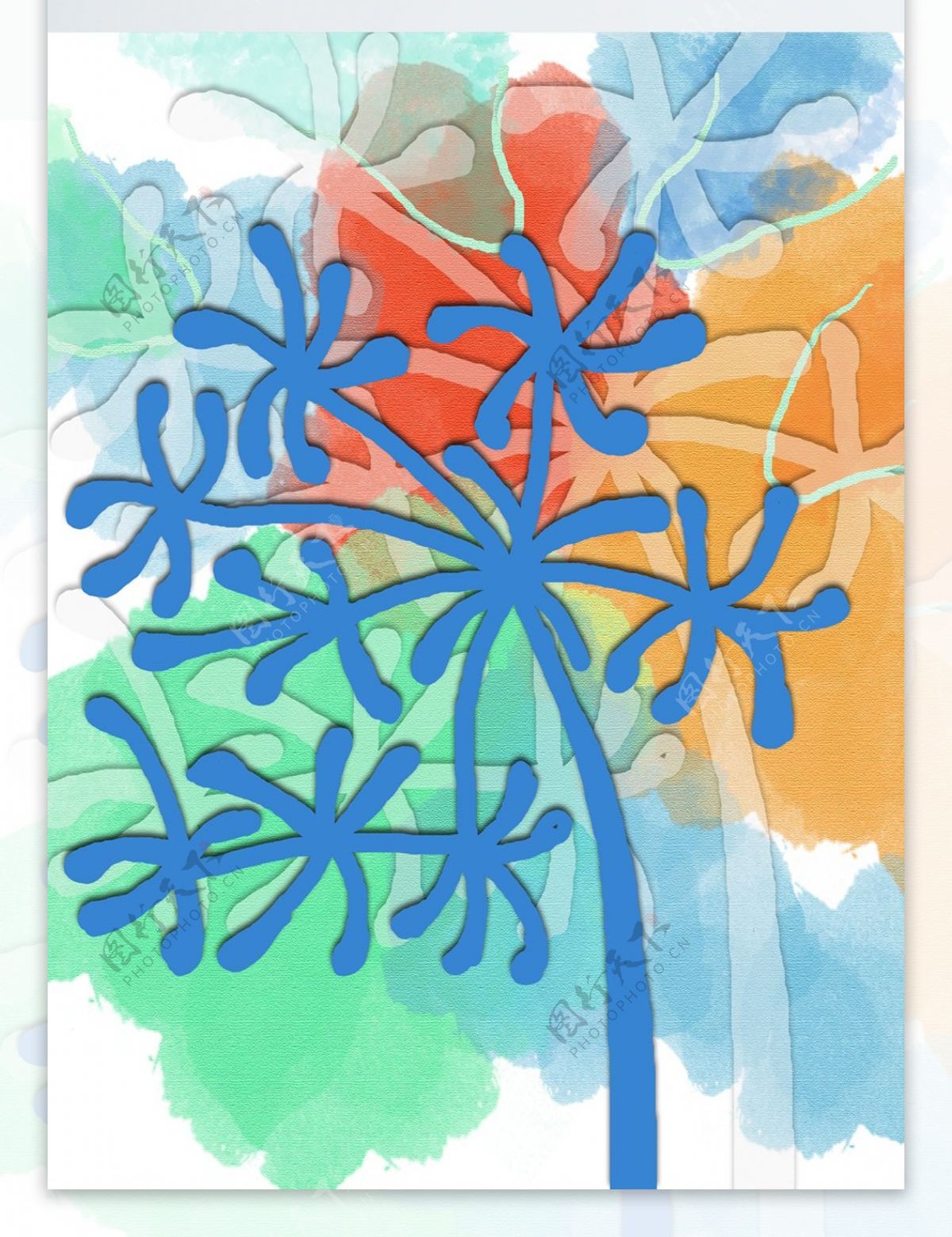 简约手绘蓝色雪花树客厅装饰画