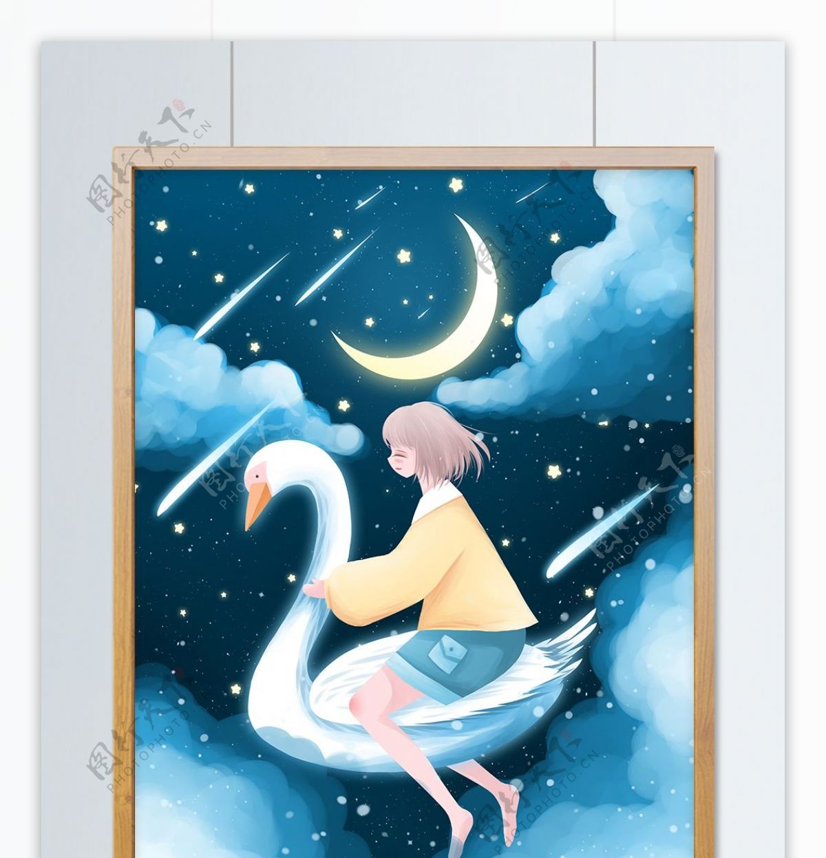 小清新梦幻星空插画星空上的天鹅和女孩