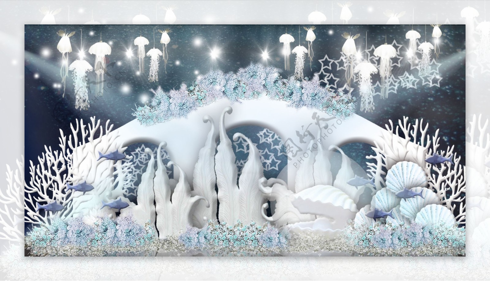 海洋洞穴雪白粉蓝海浪水母贝壳山婚礼效果图