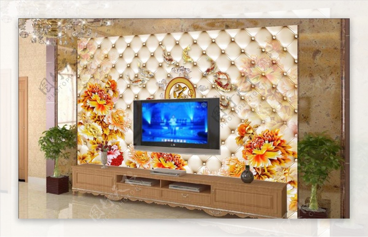 富贵牡丹鱼电视背景墙
